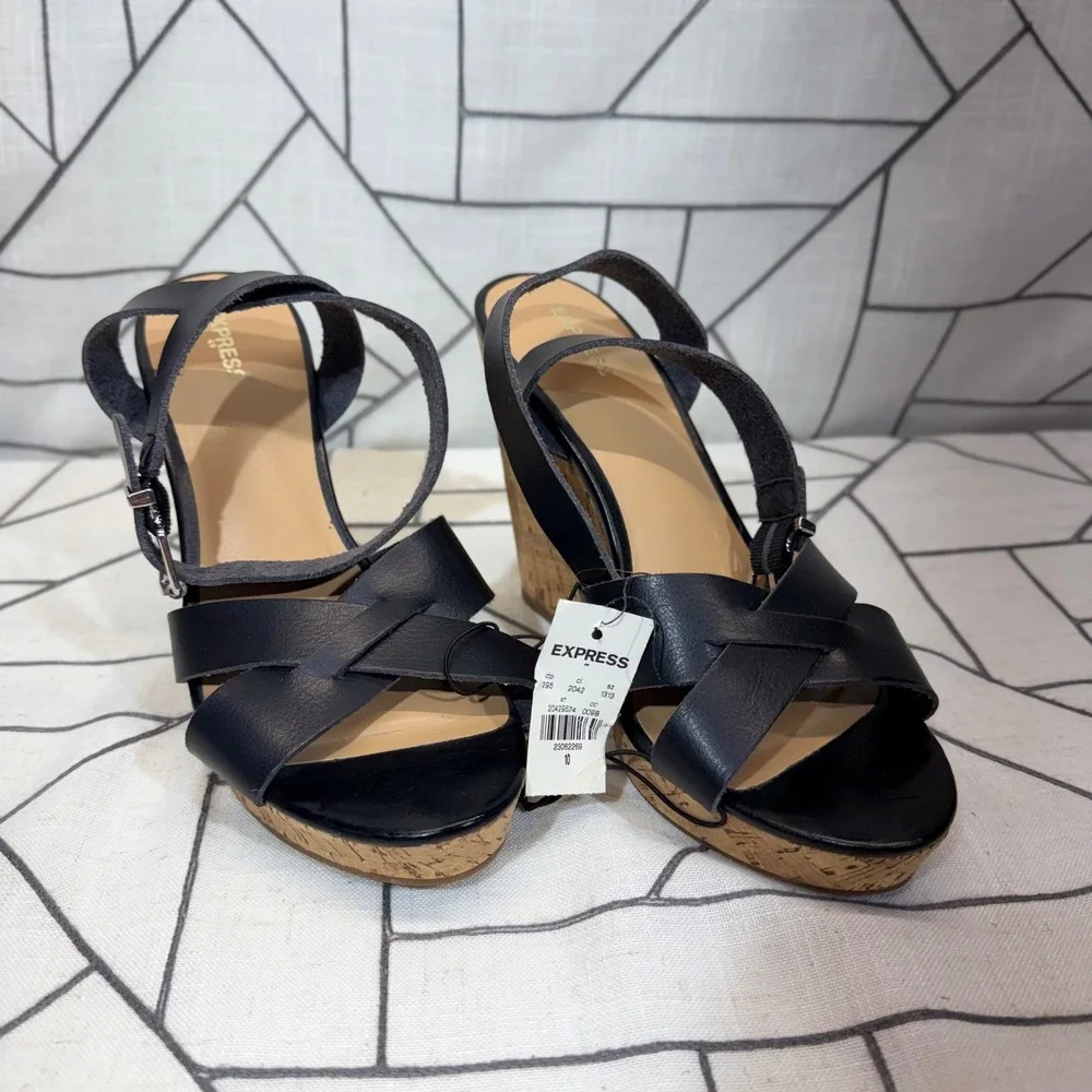 Express Wedge Sandals 10 Black Cork Platform Strappy Buckle Heels nwt